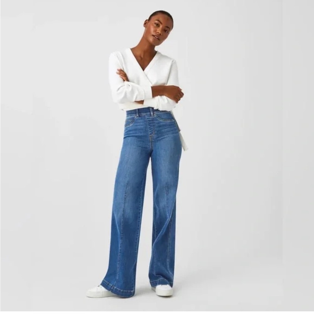 SPANX Seamed Front Wide Leg Retro Stretch Jeans Size 1X Blue Vintage Indigo
